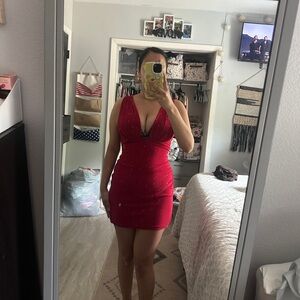 Red Deep V Sequin Bodycon Dress